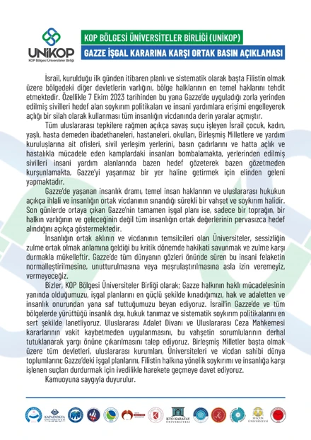 UNİKOP’tan Gazze kentinin işgal kararına ilişkin ortak basın açıklaması